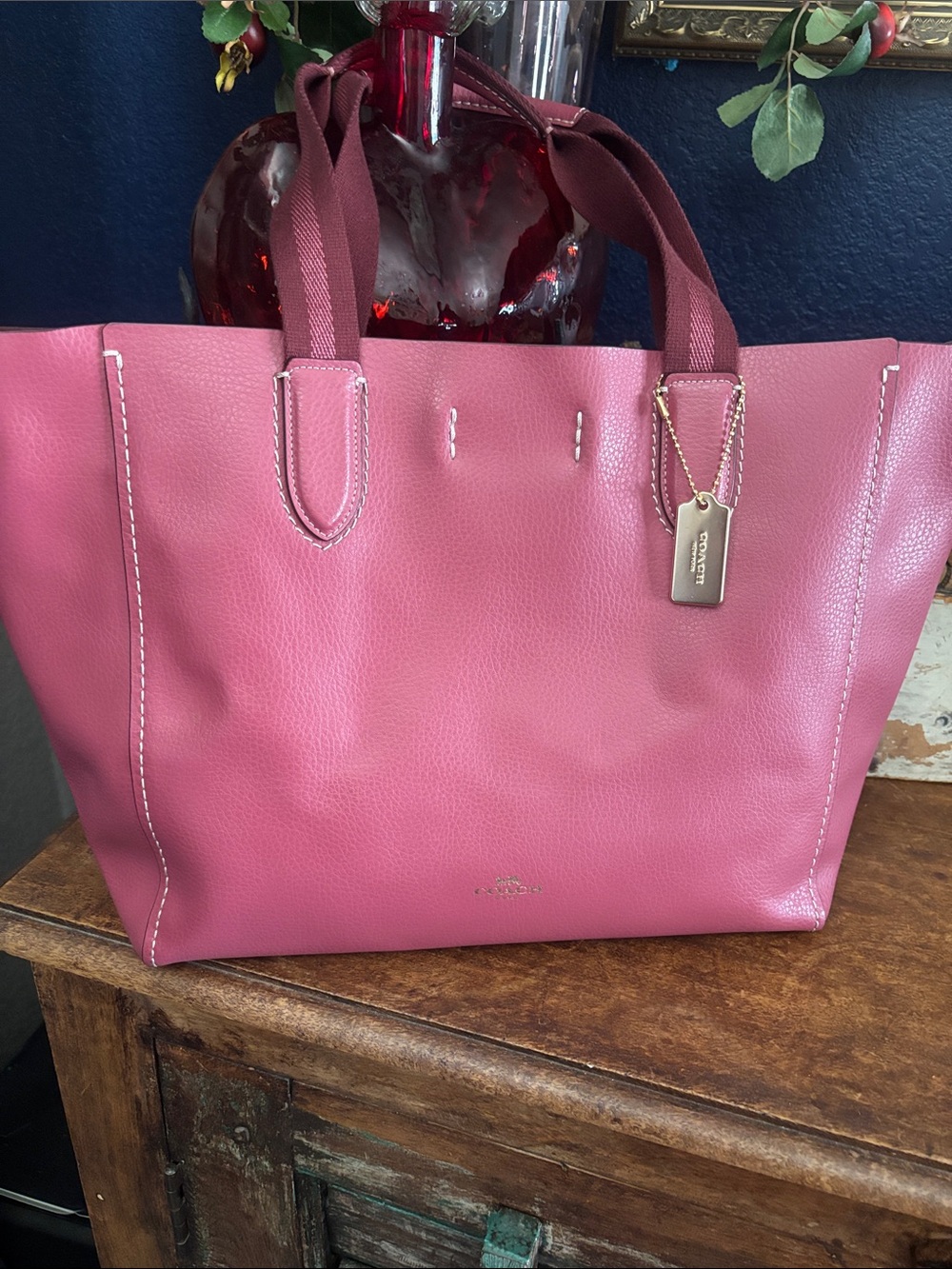 Coach Derby Pink Pebbled Leather Tote with Signature Tag